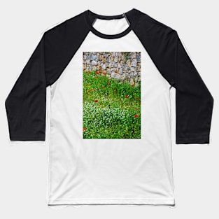 Poppies in a Meadow by a Stone Wall Baseball T-Shirt